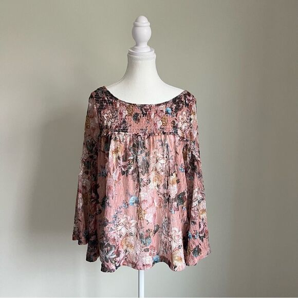Anthropologie Akemi + Kin Patrizia Floral Lace Blouse Pink Medium Bell Sleeves - Picture 3 of 10